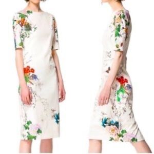 Zara Asian Floral Print Ivory Sheath Dress Size S